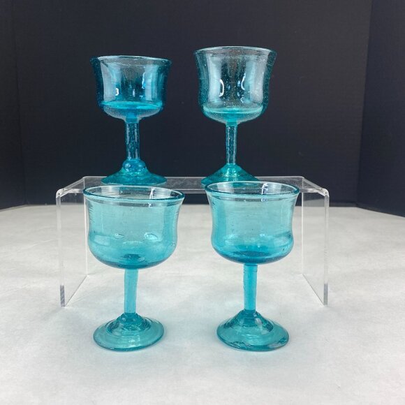 Art Glass Stemware Aqua Blue Set of 4 - Picture 3 of 8
